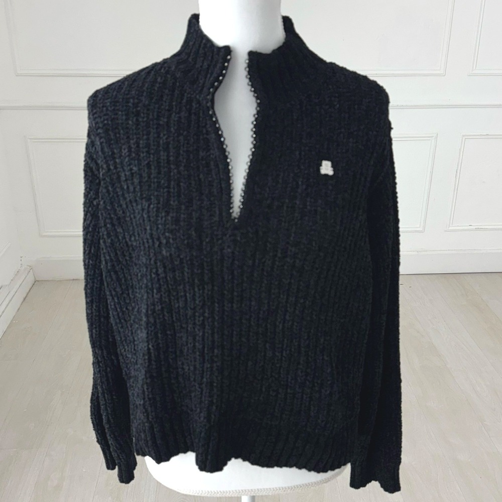 Teddy Fresh‎ Quarter Zip Sweater Large Black Chenille Chunky Rib Ball Chain Trim
